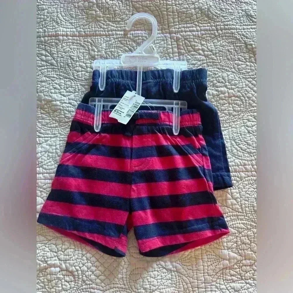 Bundles Baby Pack of 2 100% Cotton Baby Shorts - 0-3M Navy Blue and Red Stripe